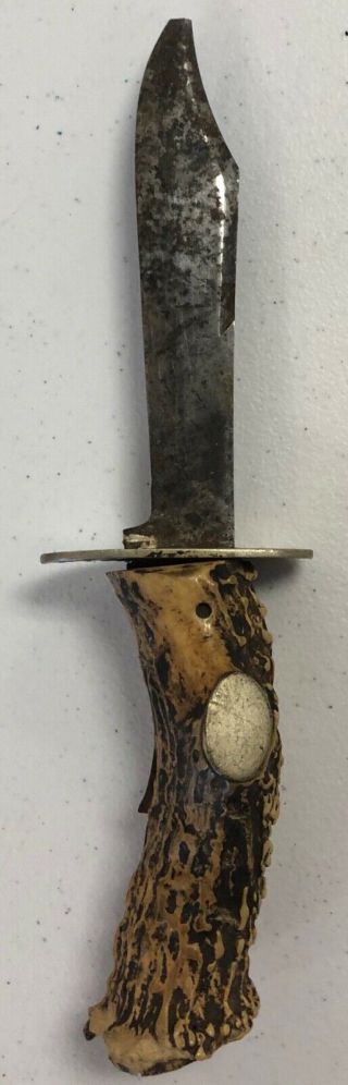 Vintage Custom Hand Made Stag Antler Knife Fixed Blade Early 10” Quality Find