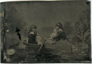 Two Girls W Their Dolls In A Prop Rowboat - Antique Tintype Photo
