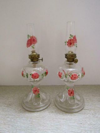 Vintage Hand Painted Miniature Oil Lamps.  Hand Painted Chimneys
