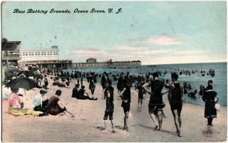 1911 Ocean Grove Jersey Nj Postcard Ross Bathing Grounds Beach Pier