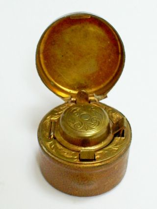Antique Ornate Engraved Brass Leather Covered Travel Inkwell