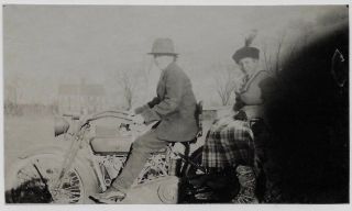 Old Photo Women Wearing Suit Hat Plaid Skirt On Harley Davidson Motorcycle 1910s