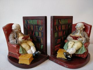 Antique Set Of 2 Cast Iron Painted Bookends Gentleman (franklin?) In Library