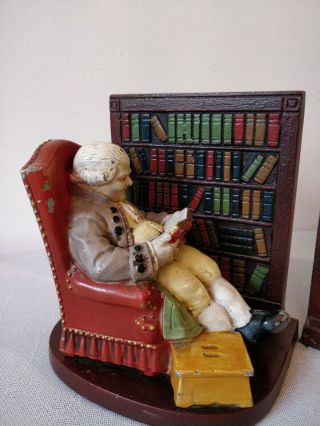 Antique Set of 2 Cast Iron Painted Bookends Gentleman (Franklin?) in Library 2