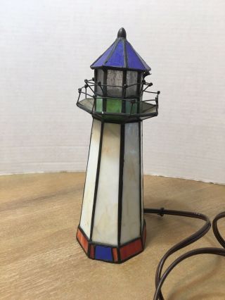 Vintage 10 " Tiffany Style Stained Glass Lighthouse Accent Table Lamp Night Light