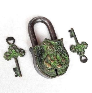 Old Antique Brass Handcrafted God Bal Gopal Shape Pad Lock With Key,  Collectible