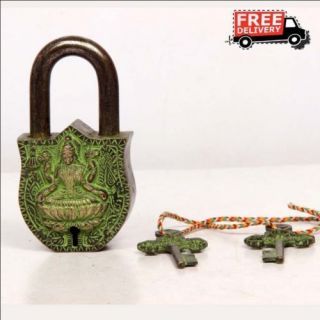 Old Antique Brass Handcrafted Goddess Laxmi Shape Pad Lock With Key,  Collectible