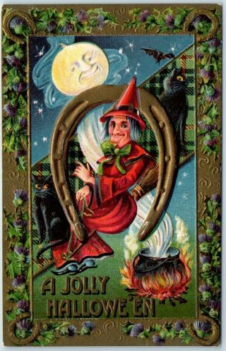 1912 Gottschalk Halloween Postcard Red Witch Horseshoe Cauldron Black Cat 2171