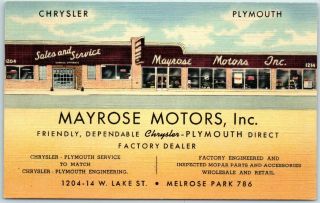 Vintage Chicago Ill.  Linen Advertising Postcard Mayrose Motors Chrysler Plymouth