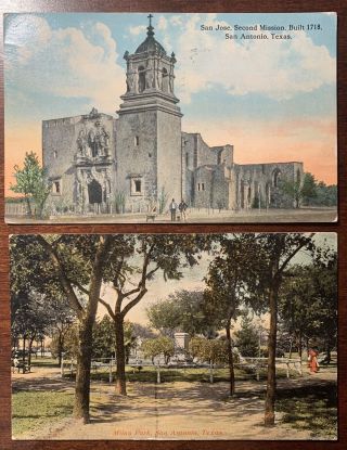 Milan Park And San Jose Second Mission,  San Antonio Texas C.  1916 Postcards