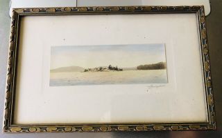 Antique Hand Tinted Photograph Of A Lake 11.  25” X 7” Framed Signed Hodges