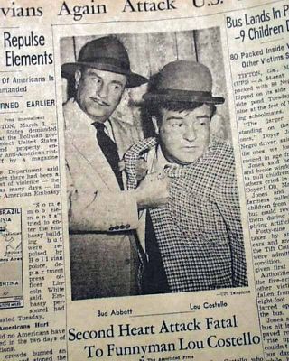 Lou Costello & Bud Abbott Comedy Duo Comedian Actor Death 1959 Old Newspaper