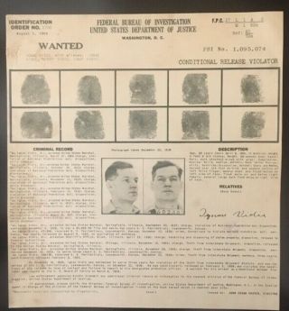 Rare Vintage Fbi Photo Mugshot And Fingerprint Wanted Card 1940
