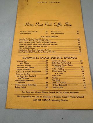 Vintage Roton Point Park Coffee Shop Menu Norwalk Ct 1930s