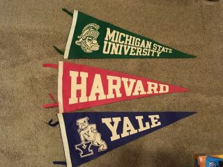 3 Vintage Felt College Pennants Souvenir Yale Harvard,  Michigan State University