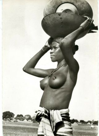 Niger Africa Half Nude Woman Carrying Many Bowls Vintage