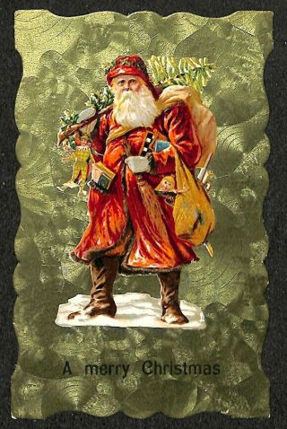 A Merry Christmas Red Robed Santa Claus Tree 41917 Embossed Postcard