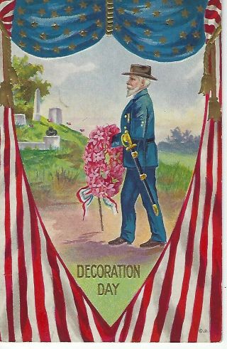 Decoration Day Patriotic,  Civil War Soldier Holding A Wreath Sword,  Flag Border