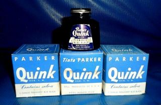 3 Full Bottles Vintage Parker Quink Permanent Blue Black Ink In Boxes