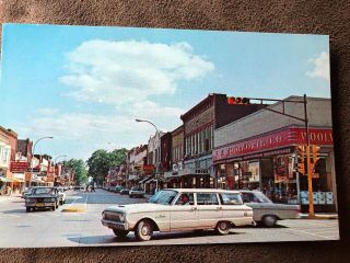 Shawano Wi Main Street Chrome Postcard Wisconsin Old Cars Advertising Signs
