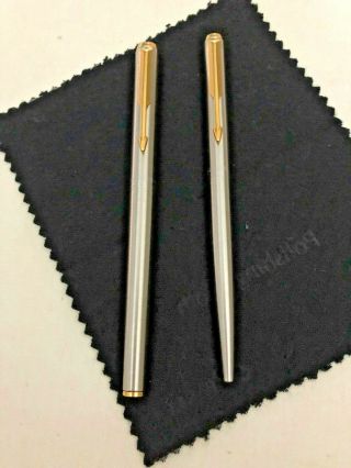 Vintage Parker Arrow Stainless Steel & Gold Trim Ballpoint And Rollerball Pens