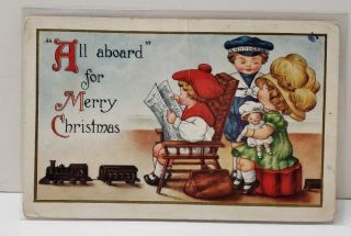All Aboard For A Merry Christmas Children Toys Train Embossed Postcard B7