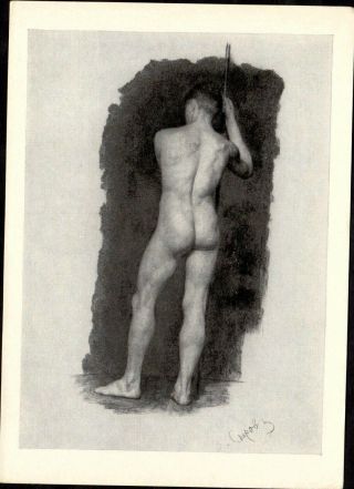 Nude Male Model With A Stick - Naked Man - Art Russian Graphic Serov Vtg 1966