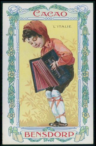 Art Nouveau Italy Concertina Music Advertising Cocoa Bensdorp Old 1910s Postcard
