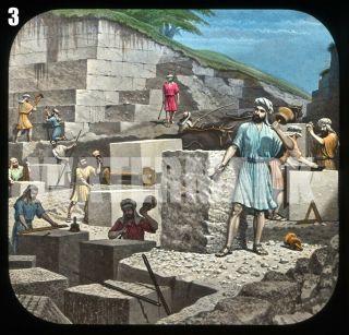 4 Magic Lantern Slides: King Solomon: Building Temple; Men In Quarry; Blacksmith