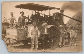 Real Photo Postcard Farmer Hat Blows Off Steam Tractor Closeup Coal Shovel C1912