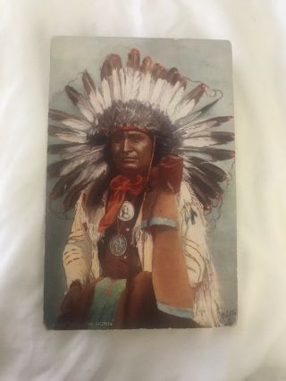 Antique Native American Indian Chief Hollow Horn Postcard In Color Tucks