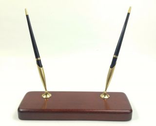 Vintage Wooden Pen Desk Set Base Gold Tone Holders Black Pens Mid - Century Modern