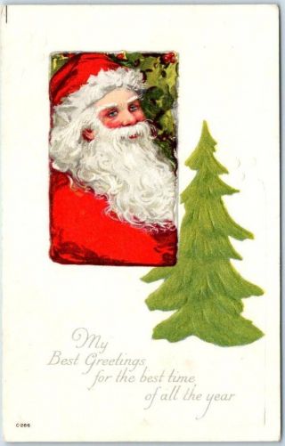 Vintage Christmas Embossed Postcard Santa Claus Green Xmas Tree 1910s