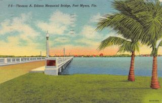 Vintage 50s Linen Postcard - Thomas Edison Memorial Bridge,  Fort Myers,  Fla.