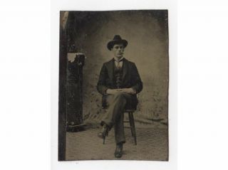 Man W/ Suit,  Hat,  Cigar Sitting W/ Legs Crossed Tintype 1/6 Plate