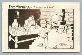 " Fox Farming” Moonshine Liquor Alaska Cartoon “rppc” Antique Anchorage 1930s