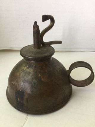 Antique Vintage Primitive Copper Metal Whale Oil Finger Lamp 1800s 2