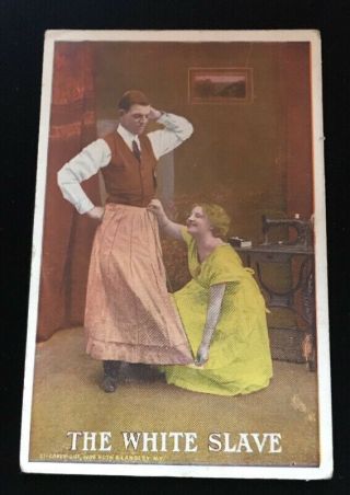 C.  1912 The White Slave Comic Postcard Man In Dress