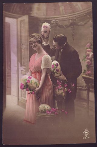 2 x DECO COUPLE with big painted EGGS.  Set of 2 Old Real Photo postcard FRANCE 2