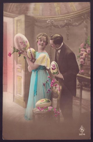 2 x DECO COUPLE with big painted EGGS.  Set of 2 Old Real Photo postcard FRANCE 4