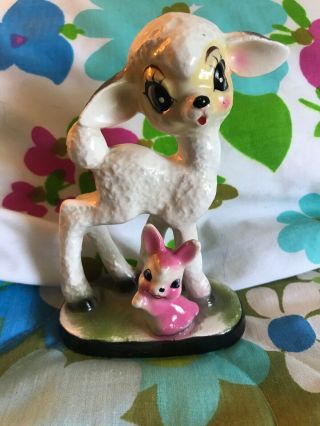 Vintage Japan Kitschy Ceramic White Lamb With Little Pink Bunny Figurine