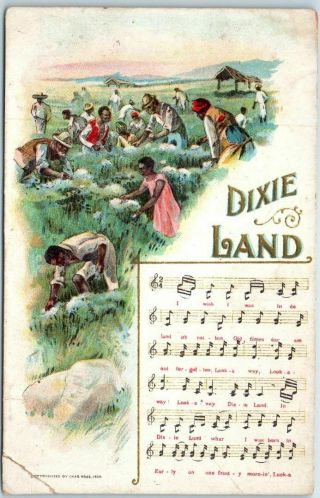 1910 Black Americana Postcard " Dixie Land " Song Sheet Music / Gregory,  Sd Cancel