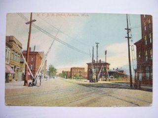 M.  C.  R.  R.  Depot Jackson Michigan Postcard.  Michigan Central Railroad Interception
