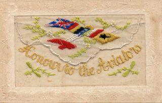 Honour To The Aviators: Rare Ww1 Patriotic Embroidered Silk Postcard: Aeroplane