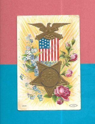 Gar Medal,  Roses On Colorful Vintage 1908 Patriotic Memorial Day Postcard
