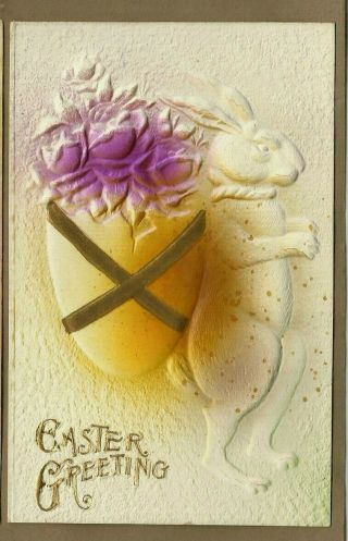 Easter Heavily Embossed Airbrushed Pc/ Rabbit W/ Large Egg/roses On His Back