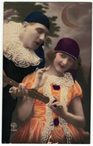 C 1917 Pierrot Couple Romantic Portrait W/ Crescent Moon Tinted French Postcard