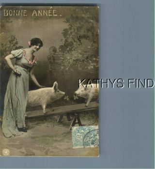 French Hand Tinted Greeting Rppc A_9376 Year Pretty Woman And Two Pigs