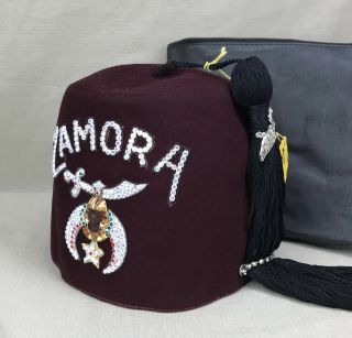Zamora Jeweled Fez Hat W/ Storage Bag Size 7 3/8 Vintage Shriners Masonic Fancy