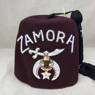 ZAMORA Jeweled FEZ Hat w/ Storage Bag Size 7 3/8 Vintage Shriners Masonic Fancy 2